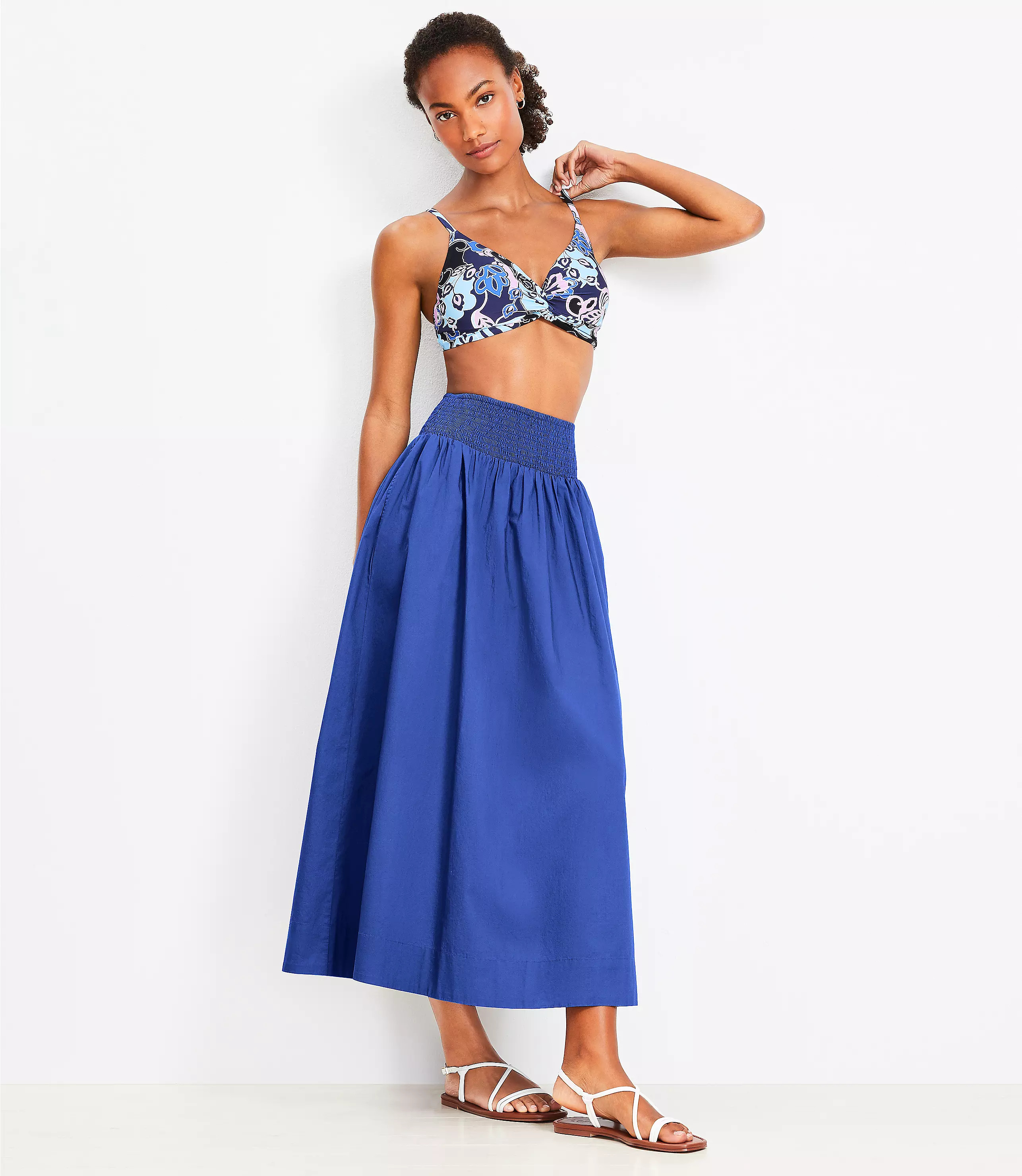 LOFT Beach Poplin Smocked Midi Pocket Skirt | LOFT