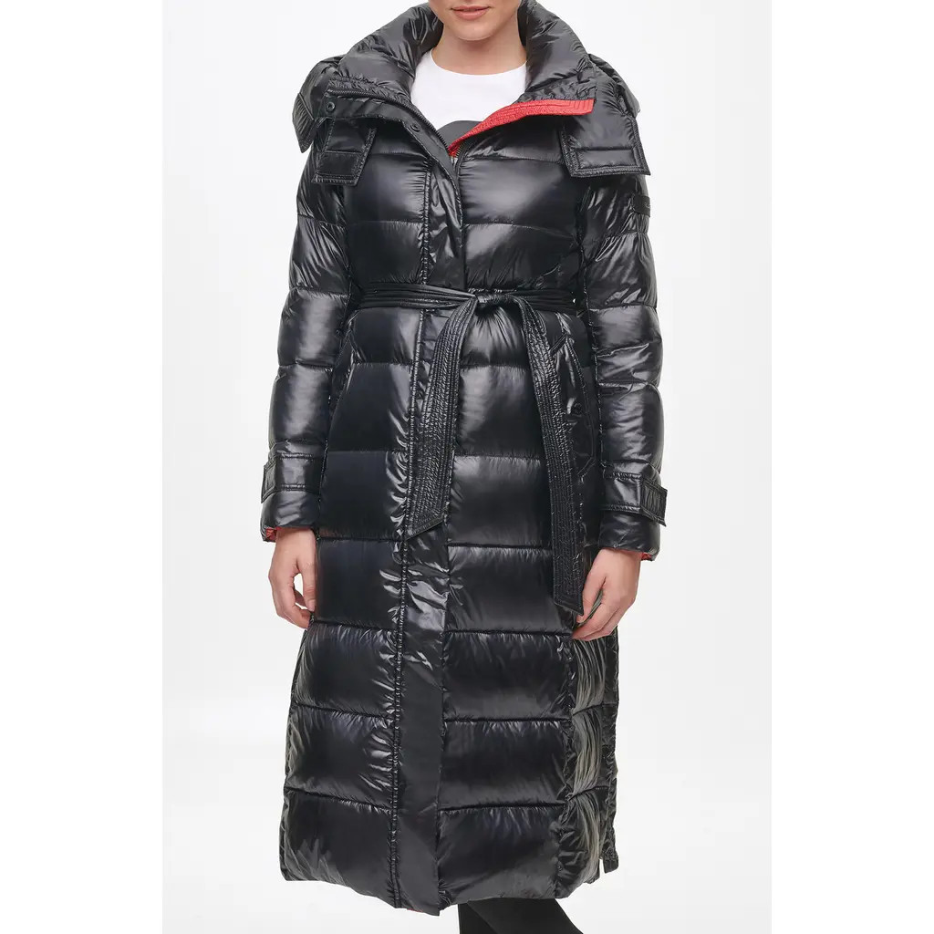 KARL LAGERFELD PARIS Contrast Belted Longline Puffer Jacket in Black at Nordstrom, Size X-Small | Nordstrom