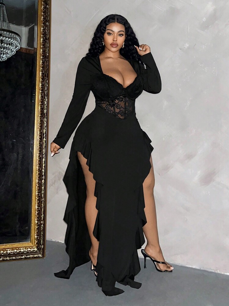 Maweii Plus Size Women's Spring/Summer New Year Black Lace Sexy Hollow Out Tie Front Avant-Garde French Casual Young Chic Fashion Elastic Knit Versatile Comfortable Undershirt Dress, Sexy Formal Party Wear, Elegant Young Sexy Patchwork Sexy Top, Sexy Holiday Outfit, Black Bodysuit, Formal Black Dress, Formal Dress, Young Elegant Sexy Sheer Shoulder Fitted Solid Color Top | SHEIN