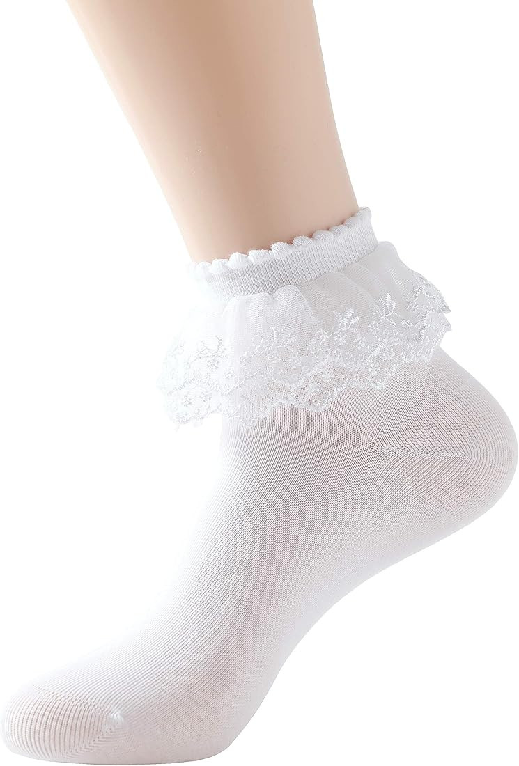 SRYL Women Ankle Socks,Lace Ruffle Frilly Cotton Socks Trim Double Layer Lace,Princess Socks Dres... | Amazon (US)