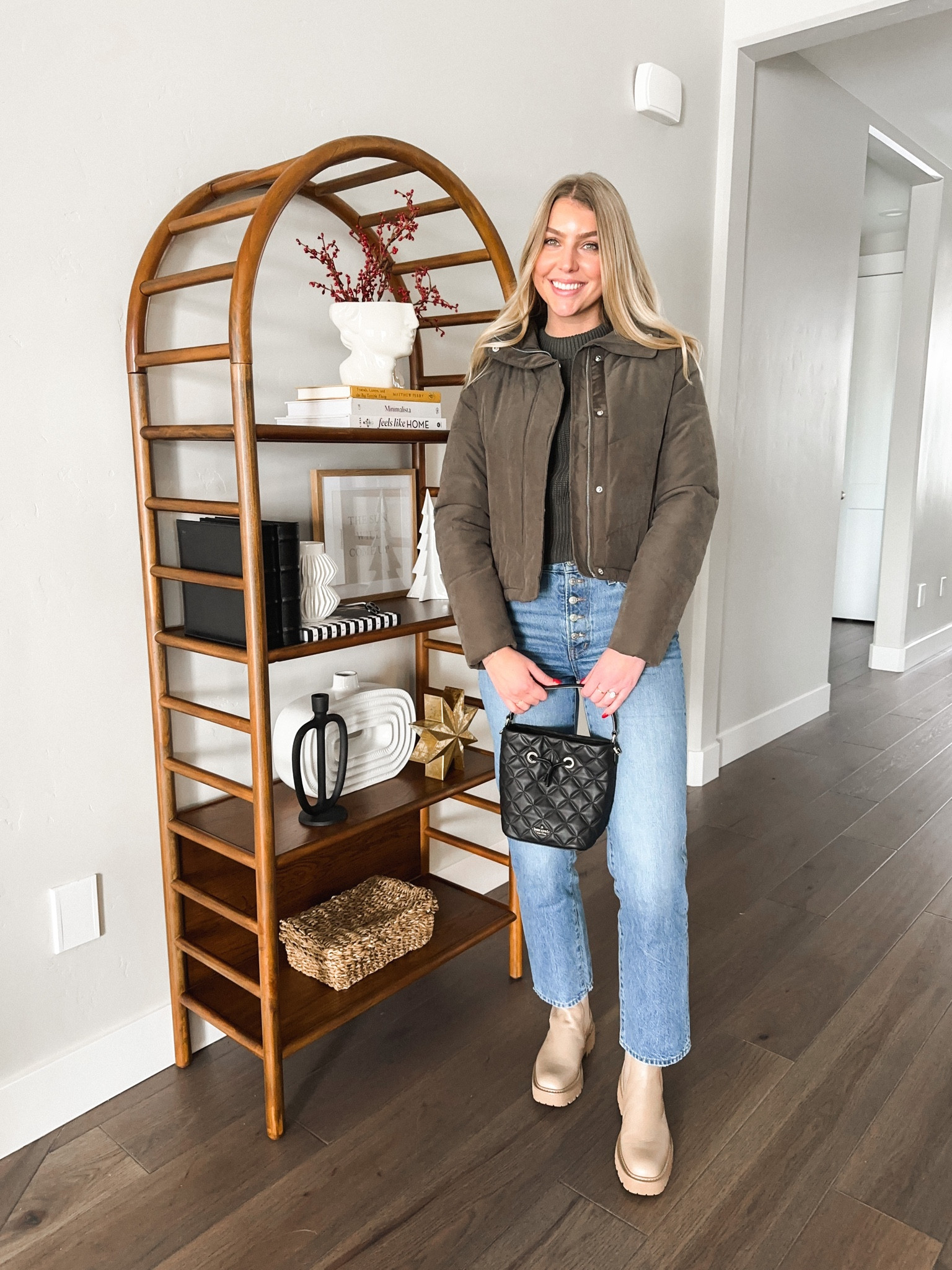  Cotton crewneck sweater, short puffer coat, waterproof boots, bucket bag, madewell jeans 

#LTKunder100 #LTKSeasonal