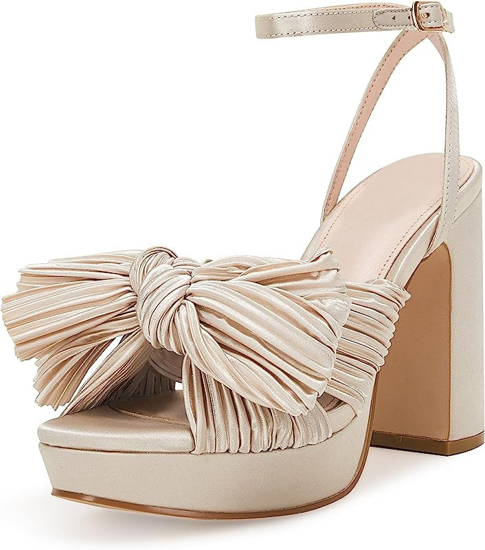 Women's Pleated Bow Knot Platform Heeled Sandals Open Toe Chunky Block Heel Ankle Buckle Strap Brida | Amazon (US)
