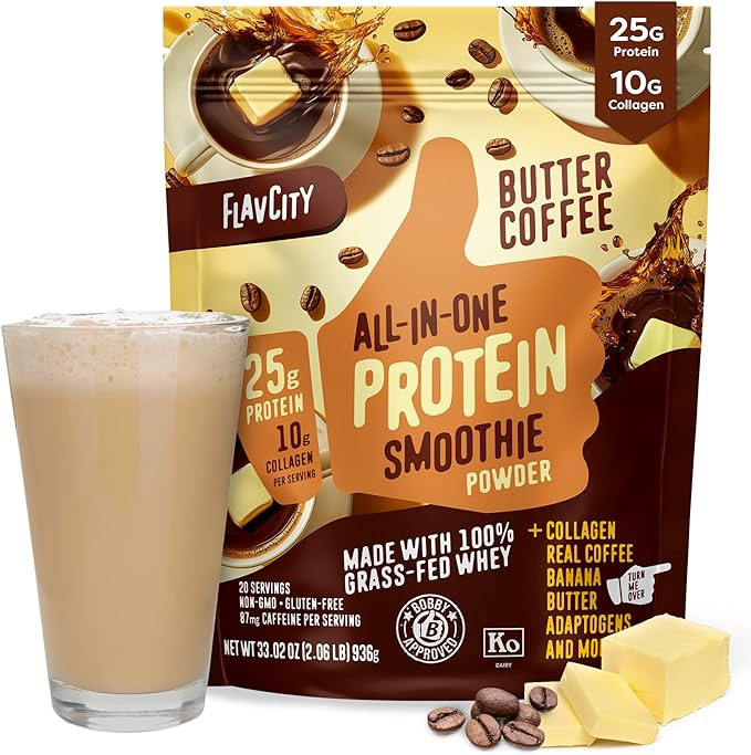 FlavCity Grass Fed Whey Protein Powder - Butter Coffee - 25g Protein, 10g Collagen & 87mg Caffein... | Amazon (US)