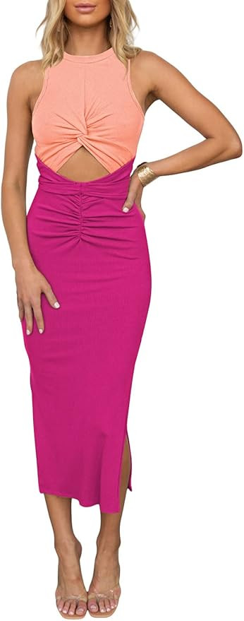 Duigluw Women's Summer Knit Sleeveless Crosscriss Cutout Ruched Bodycon Midi Dress with Slit | Amazon (US)