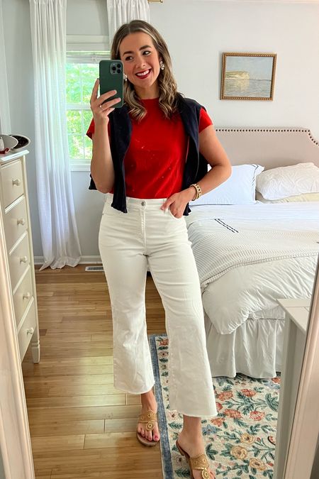 Preppy & patriotic outfit! Perfect for Memorial Day and Fourth of July parties and BBQs! I love these white jeans…true to size! This navy sweater is old but linking another option! ❤️American

#LTKStyleTip
