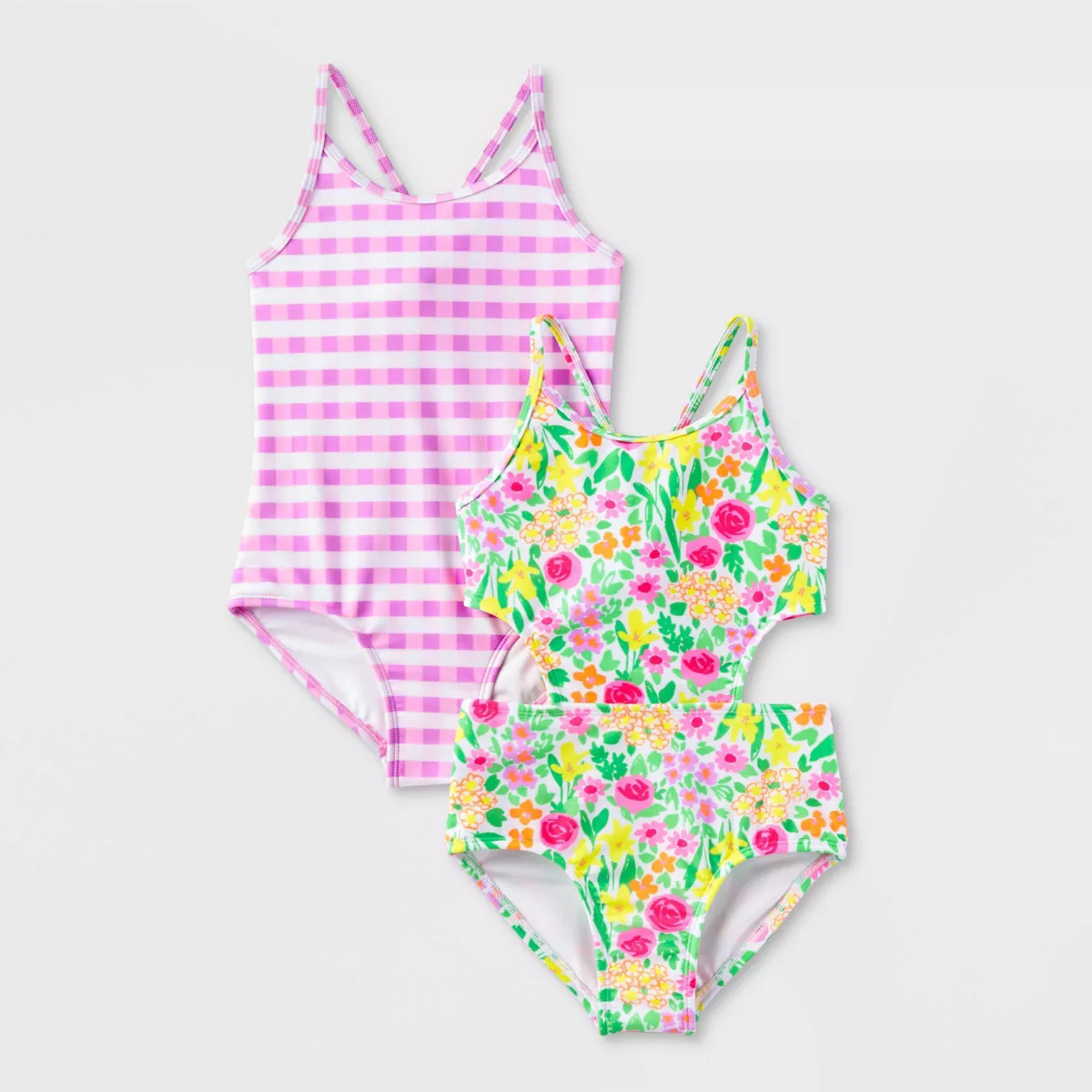Girls' 2pk Gingham Floral Printed One Piece Swimsuit Set - Cat & Jack™ Purple M Plus | Target