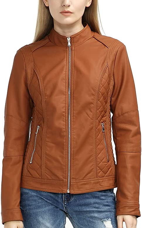 Geschallino Women Faux Leather Casual Short Jacket, Trendy Moto Biker Coat with Zipper Pockets for S | Amazon (US)