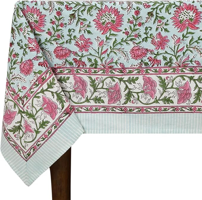 90x90 Inches Square Hand Block Printed Cotton Tablecloth, Green Pink Floral Table Cloths Washable... | Amazon (US)