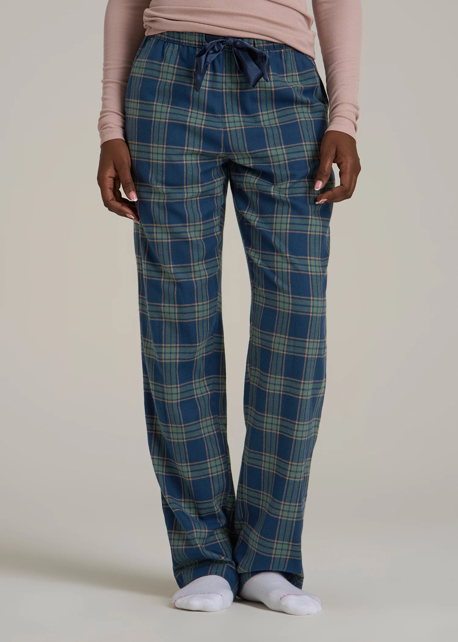 Tie Waist Flannel Pajama Pants for Tall Women in Navy and Balsam Green Plaid | American Tall
