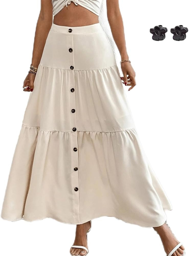 A Line Skirts Women Summer Casual Long Button Front High Waist Flare Party Dress S~XL | Amazon (US)