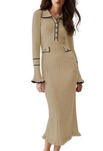 Pink Queen Women's V Neck Bodycon Sweater Dress 2024 Long Sleeve Half Button Slim Fitted Ruffle R... | Amazon (US)