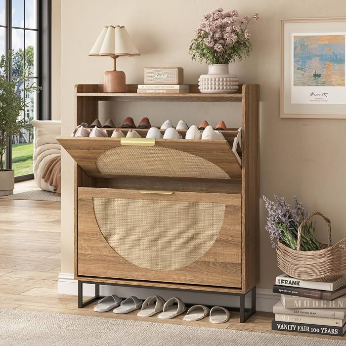 Maupvit Rattan Shoe Storage Cabinet with 2 Flip Drawers, Freestanding Shoe Organizer with Metal L... | Amazon (US)
