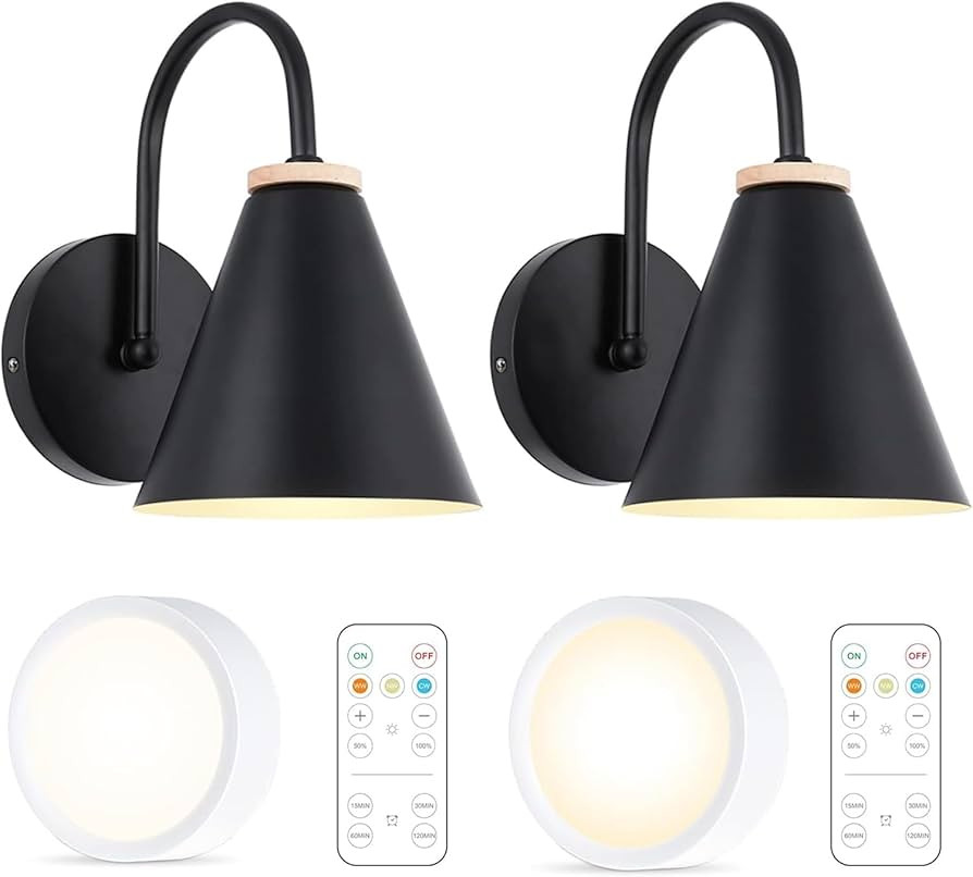 Battery Operated Black Faux-Wood Industrial Wall Sconce Set of Two, Easy to Install Not Wires, Re... | Amazon (US)