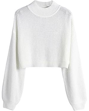 SweatyRocks Women's Long Sleeve Mock Neck Cropped Sweater Drop Shoulder Pullover Sweater Lantern ... | Amazon (US)