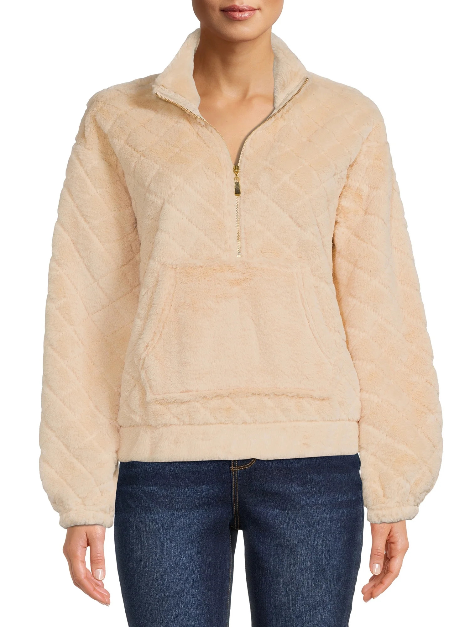 No Boundaries Juniors Quilted Faux Fur Pullover | Walmart (US)