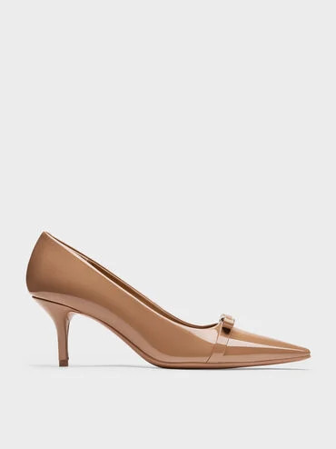 Caramel Dorian Patent Bow Pointed-Toe Stiletto-Heel Pumps | CHARLES & KEITH UK | Charles & Keith UK