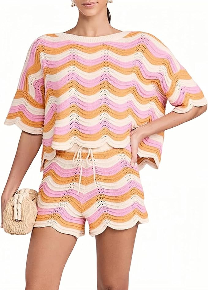 NIFTRIRY 2 Piece Sets for Women Short Sleeve Striepd Crochet Cover Up and Shorts with Drawstring ... | Amazon (US)