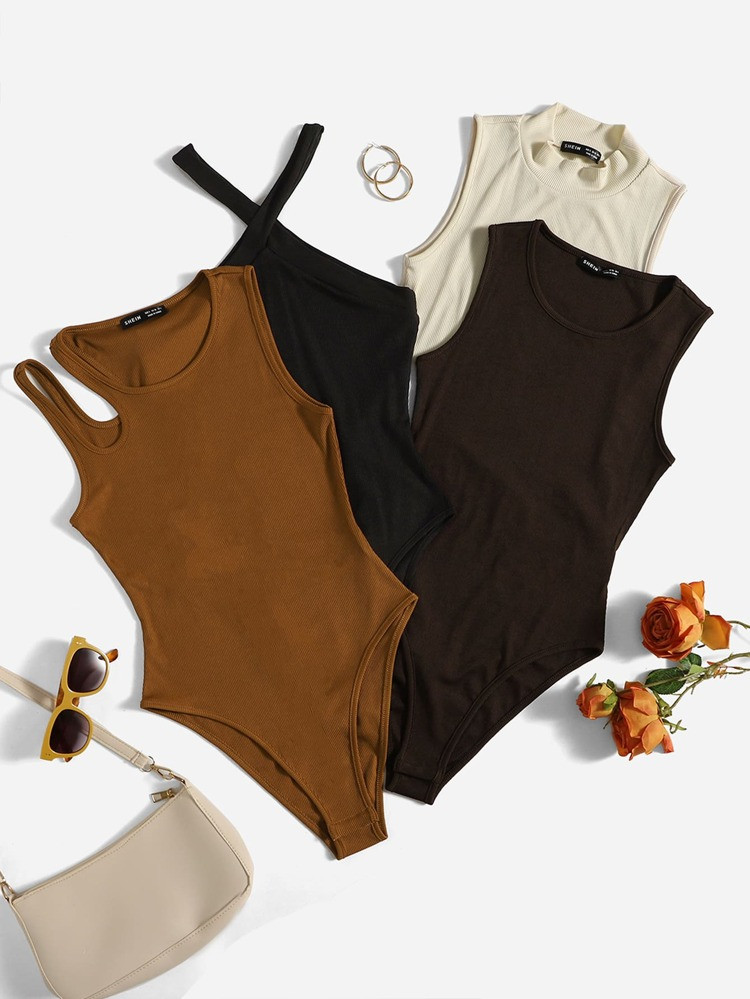 4pcs Solid Ribbed Knit Bodysuit | SHEIN