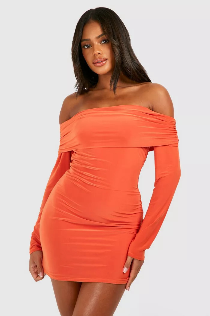 Off The Shoulder Cut Out Back Slinky Mini Dress | boohoo (US & Canada)