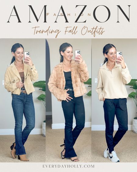 💥 Deal Alert on ALL 3 new pieces! 
1- Corduroy croped jacket
Save 25% off code: 25Q6KS7P + 10% coupon
time: 9/18-9/21
2- Faux Fur jacket
Save 30% off code: 30WYVBVG  + 10% coupon
time: 9/18-9/24
3. Quarter Zip Pullover
Save 35% off code: 35A8W1BC + 10%coupon
time: only 9/18
Trending fall fashion all size small |cCorduroy Cropped Jacket | Casual Half Zip Sweatshirts Pullover with Drawstring | Faux Fur Cropped Jacket great for date nights and special occasions | viral bodysuits size up | i linked similar boots.
Skyscraper jeans, come in short regular, and long length. I’m wearing the 0 short. Go up a half size on the sneakers.