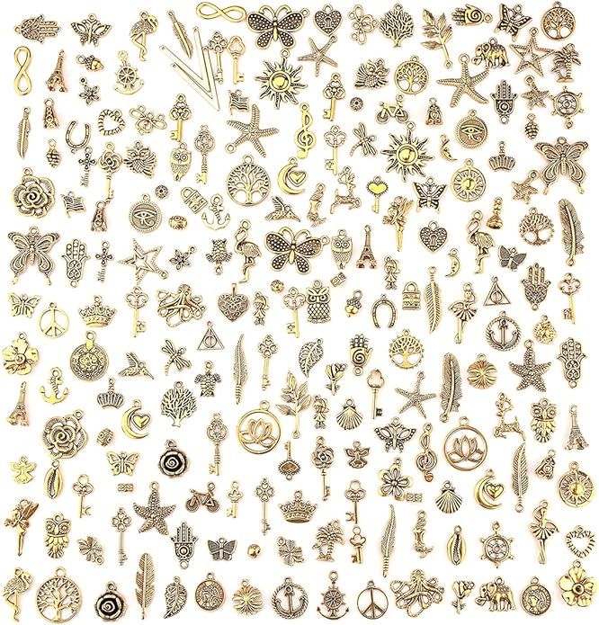 JIALEEY 200Pcs Tibetan Antique Gold Charm Mixed Pendants DIY for Bracelet Necklace Jewelry Making... | Amazon (US)