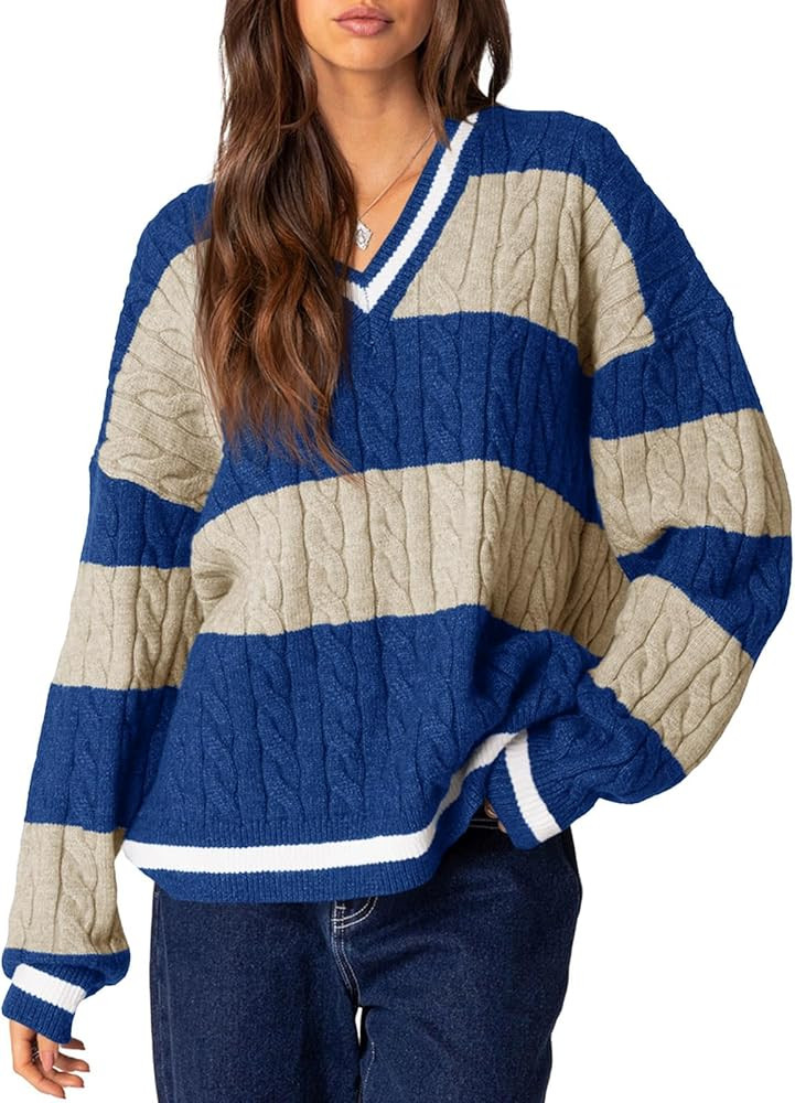 Saodimallsu Womens Oversized Cable Knit Sweaters V Neck Striped Color Block Long Sleeve Preppy Pu... | Amazon (US)