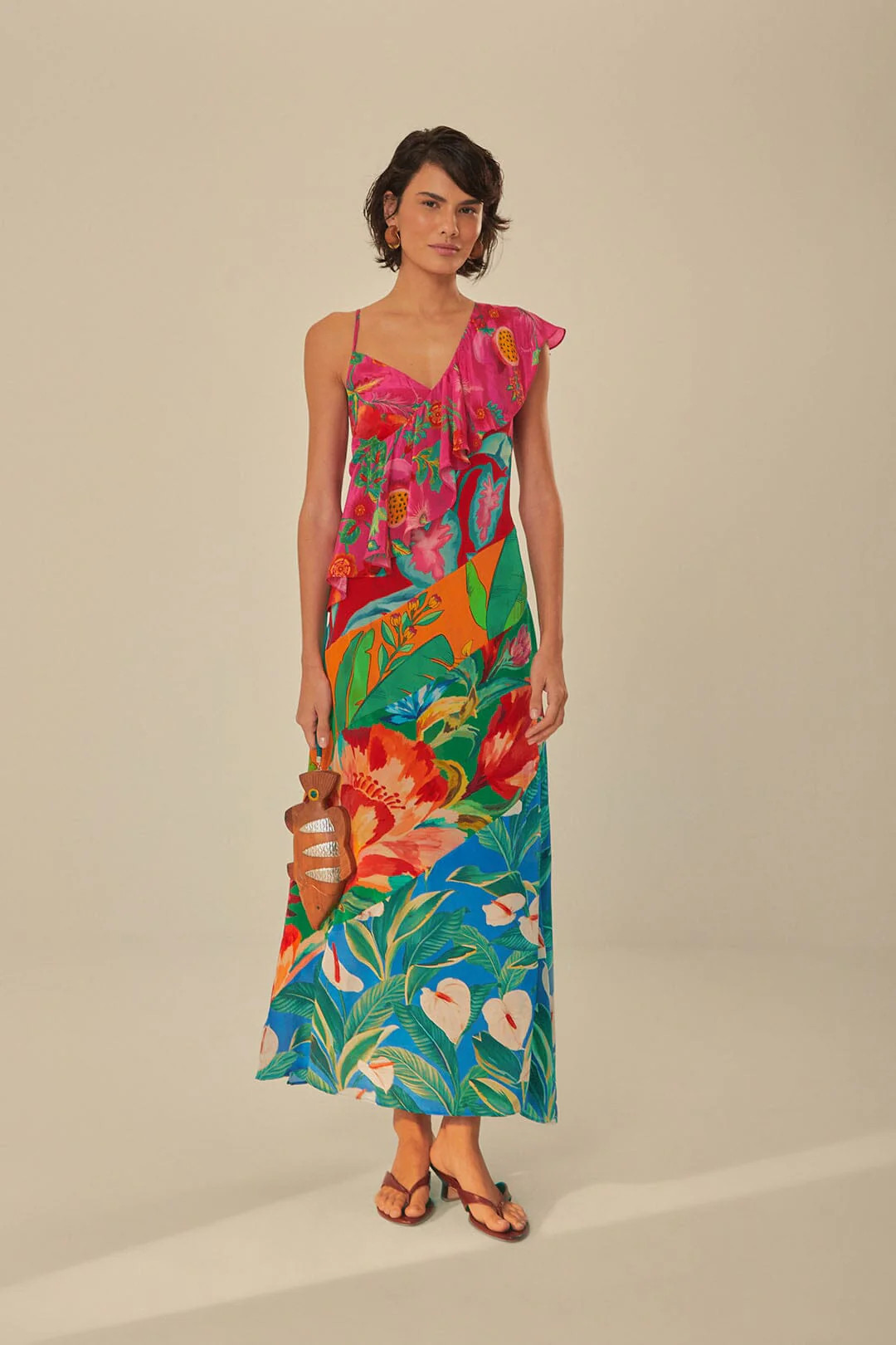 Mixed Flowery Rufle One Strap Midi Dress | FarmRio (US)