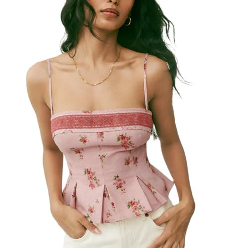 Women Y2k Floral Tank Top Spaghetti Strap Tie Shoulder Camisole Sleeveless Bow Front Cami Top Streetwear s | Amazon (US)