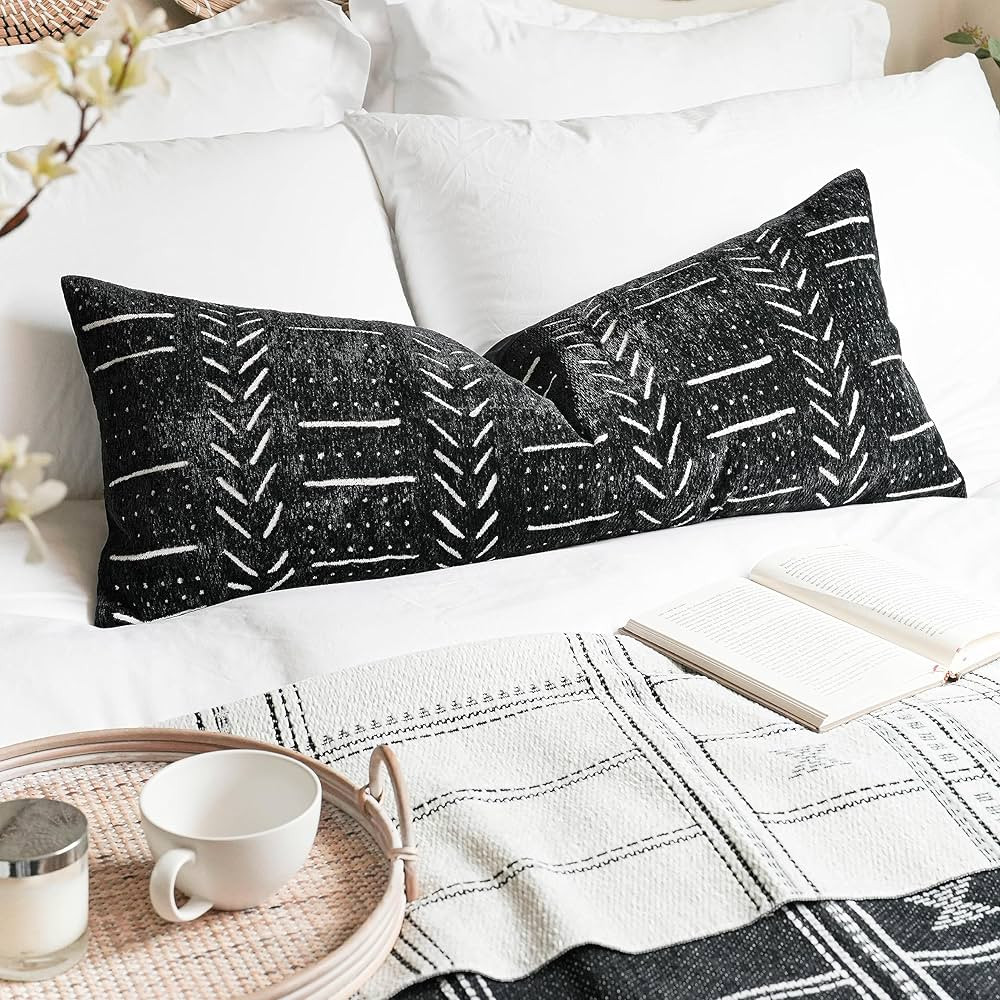 Black Decorative Lumbar Pillow Cover 14X36, Boho Lumbar Throw Pillow For Bed, Long Decorative Pil... | Amazon (US)