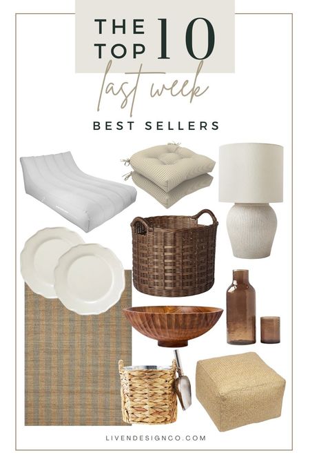 Last week bestselling items for the home. Home decor. Outdoor chair cushions. Pool float. Floor basket. Storage basket. Studio McGee Target decor. Living room decor. Bedroom. Entryway. Melamine dinner plates. Outdoor dinnerware. Walmart home. Ceramic lamp. Striped natural woven rug. Area rug. Loloi rug. Woven ice bucket. Decorative wood bowl. Fruit bowl. Kitchen decor. Coffee table decor. Woven outdoor pouf ottoman. Glass carafe. 

#LTKSeasonal #LTKHome #LTKStyleTip