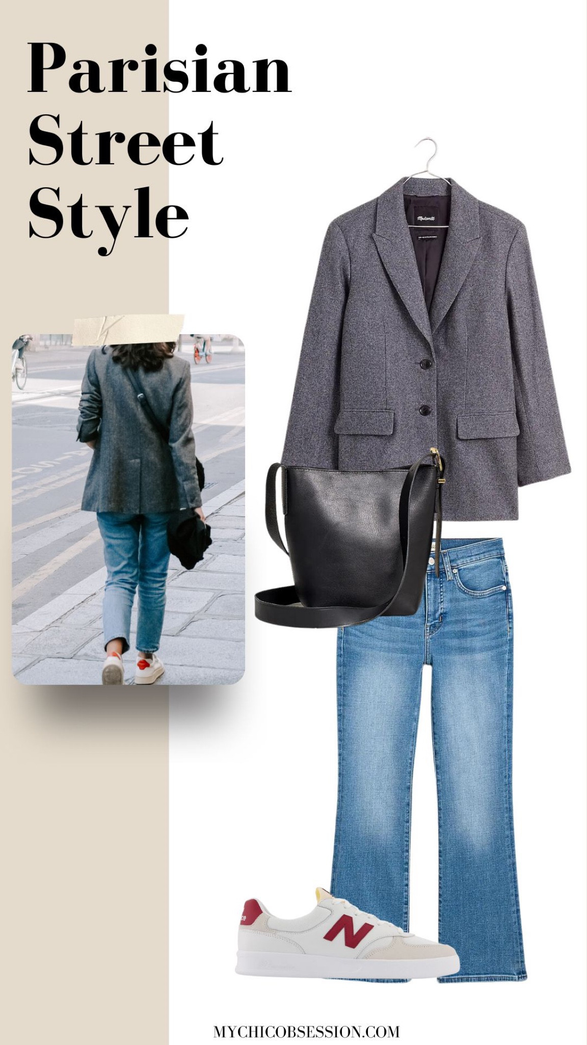 This is not only a great street style look from Paris, but a perfect look for a business casual look if your office leans more on the casual side. Start with a bodysuit, blazer or button down, then layer a gray blazer with slim jeans (you can cuff at the ankle if you’d like!) and a pair of tennis shoes with a pop of color. 

#LTKstyletip #LTKSeasonal