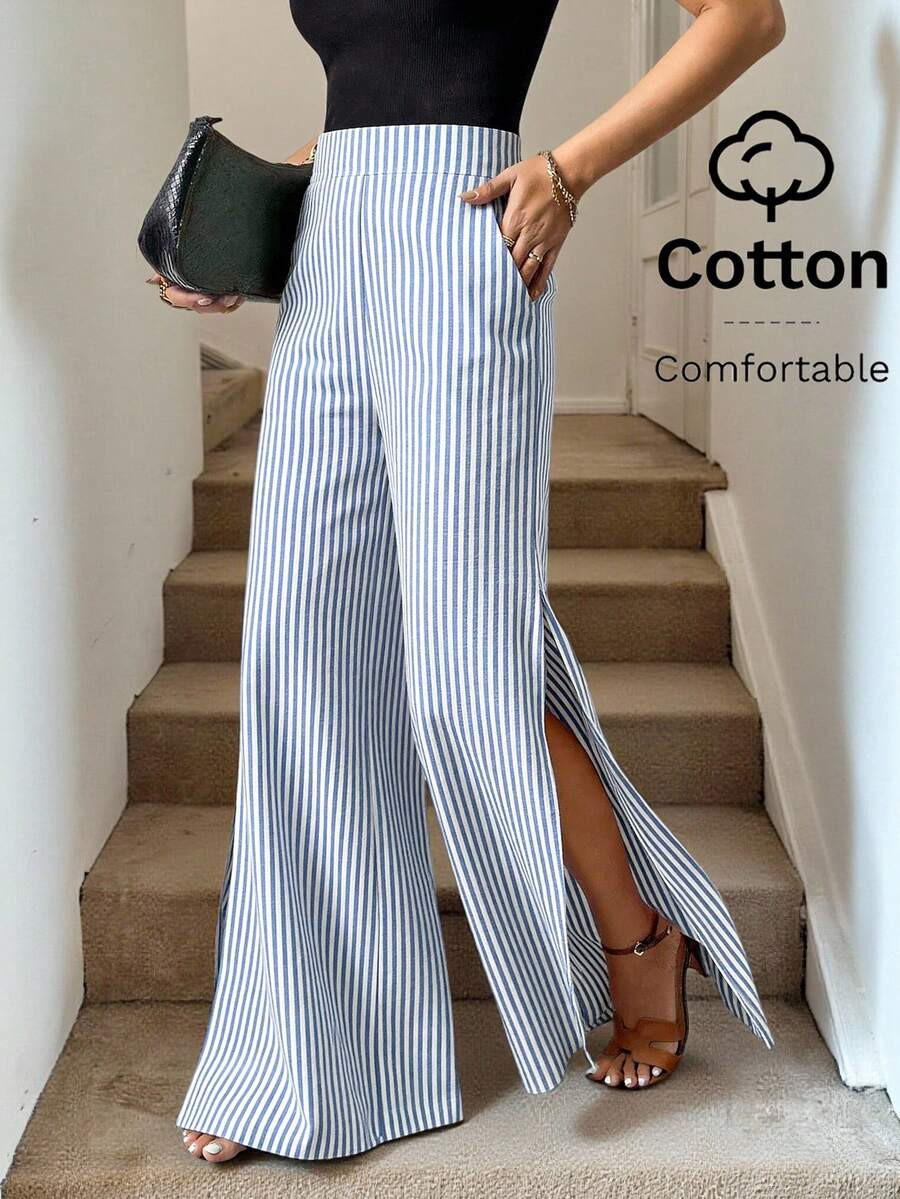 Easowa Blue & White Striped Cotton Long Dress With Pockets & Side Slits, Suitable For Casual, Vac... | SHEIN