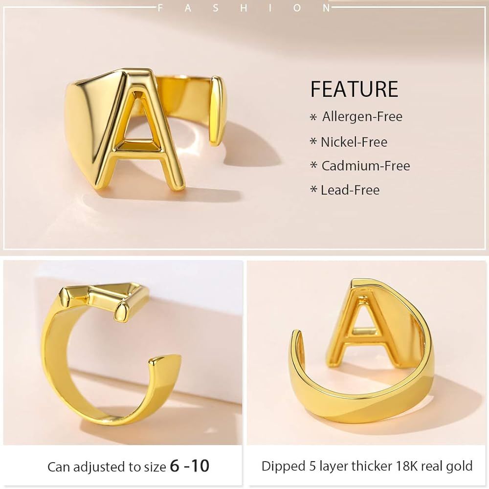 Personalized Gold Bold Initial Letter Open Ring Adjustable Women Statement Rings Party|Women’s ... | Amazon (US)