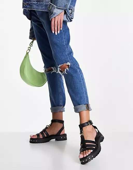 ASOS DESIGN Fresham premium leather chunky flat sandals in black | ASOS (Global)