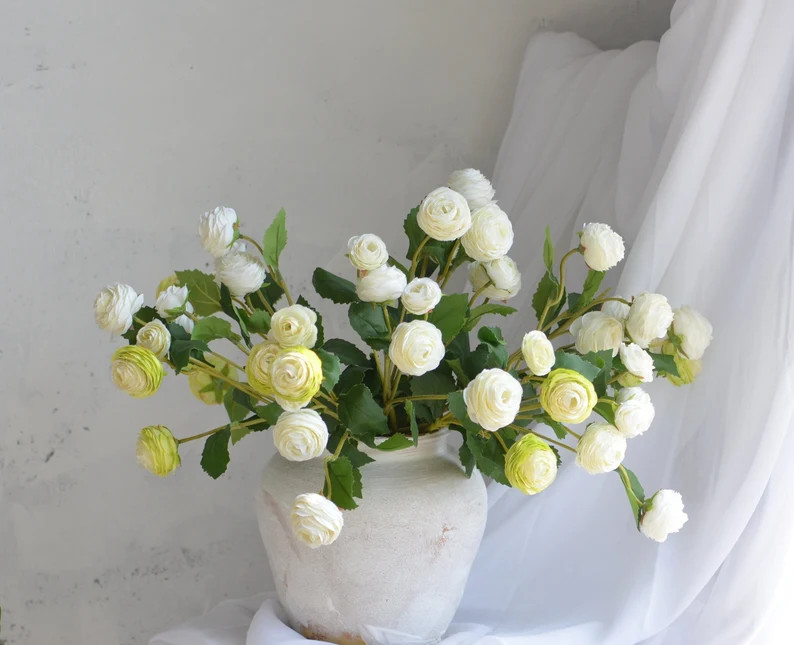 3 Heads Faux Ranunculus Flowers in Cream White/soft Green - Etsy | Etsy (US)