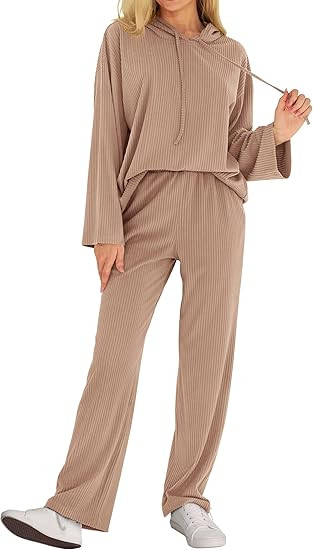 MASCOMODA Fall Two Piece Outfits for Women Ribbed Knit Lounge Set Long Sleeve Hoodie Pullover Top... | Amazon (US)