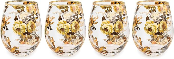 MACKENZIE-CHILDS Set of 4 Stemless Wine Glasses, Decorative Wine Glasses, Wild Rose | Amazon (US)