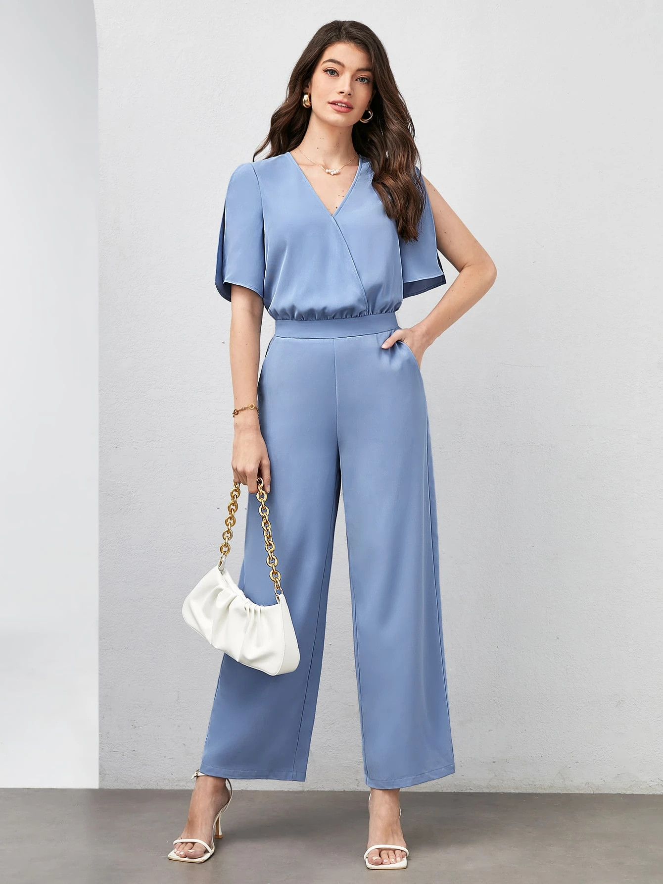 SHEIN BIZwear Surplice Neck Split Sleeve Wide Leg Jumpsuit Workwear | SHEIN