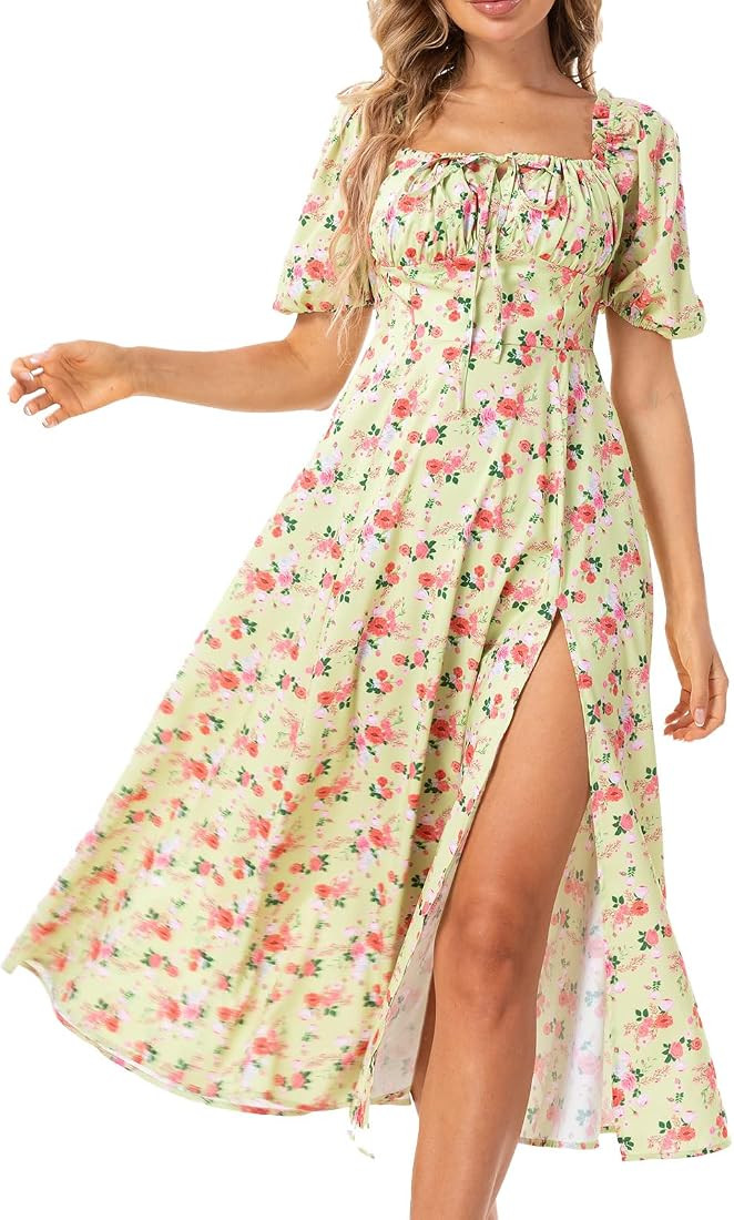 Boho Dress for Women Cottagecore Dress Maxi Dress Summer Wrap Floral Casual Vintage Square Neck R... | Amazon (US)