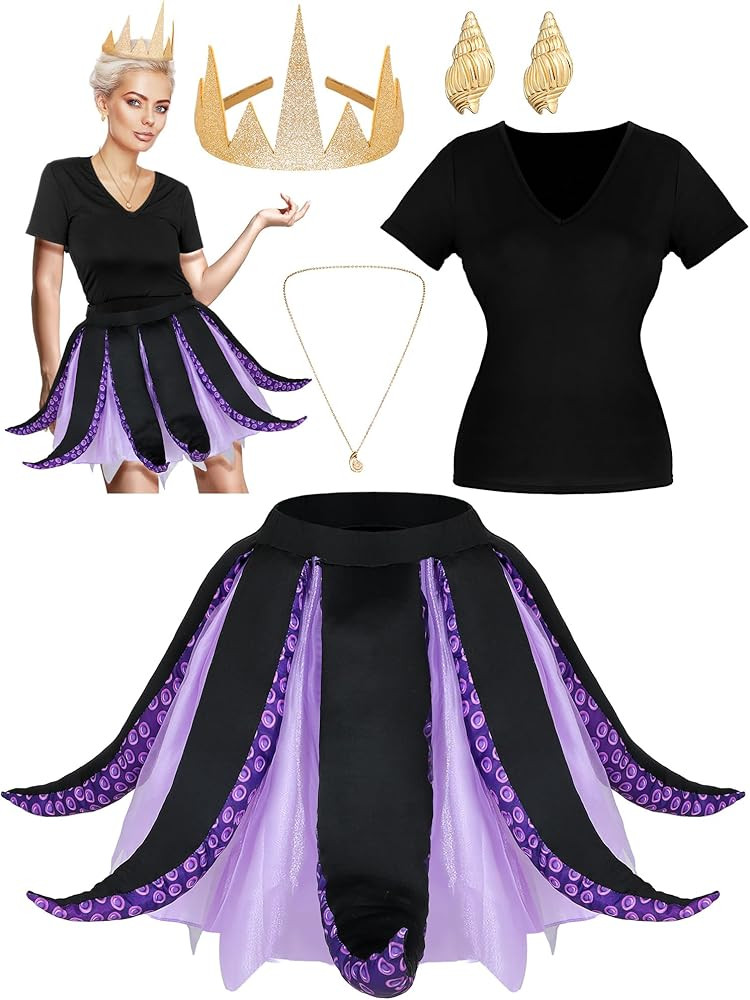 5 Pcs Women's Halloween Sea Costume Purple Octopus Cosplay Costume Black Purple Tentacle Skirt Go... | Amazon (US)