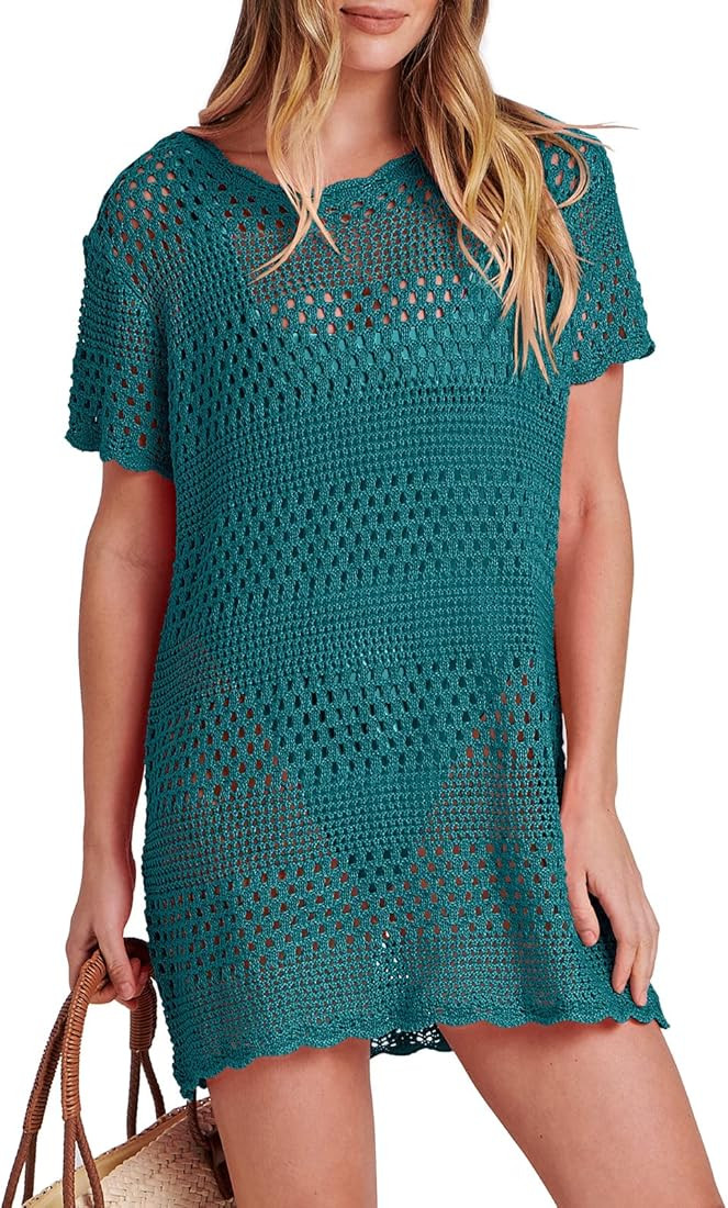ANRABESS Women Swimsuit Crochet Swim Cover Up Summer Bathing Suit Swimwear Knit Short Sleeve Pull... | Amazon (US)