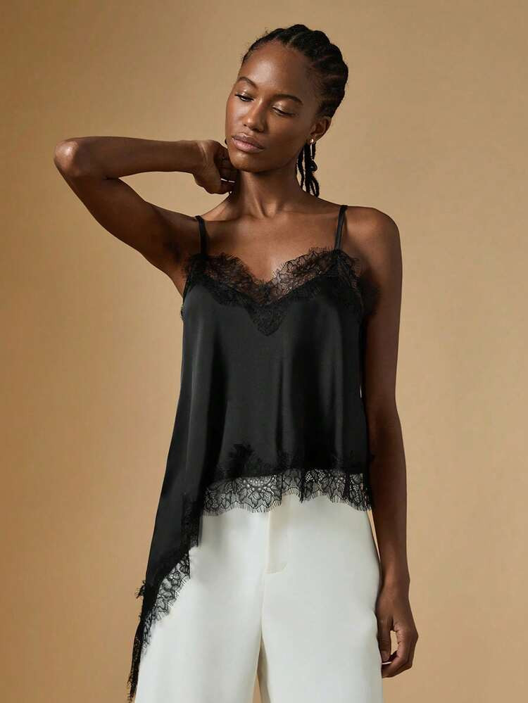 Briarwyn Women's Sexy Satin Solid Color Contrast Lace Asymmetric Hem Cami Black Top,Sexy Top,Halloween Costume,Party | SHEIN
