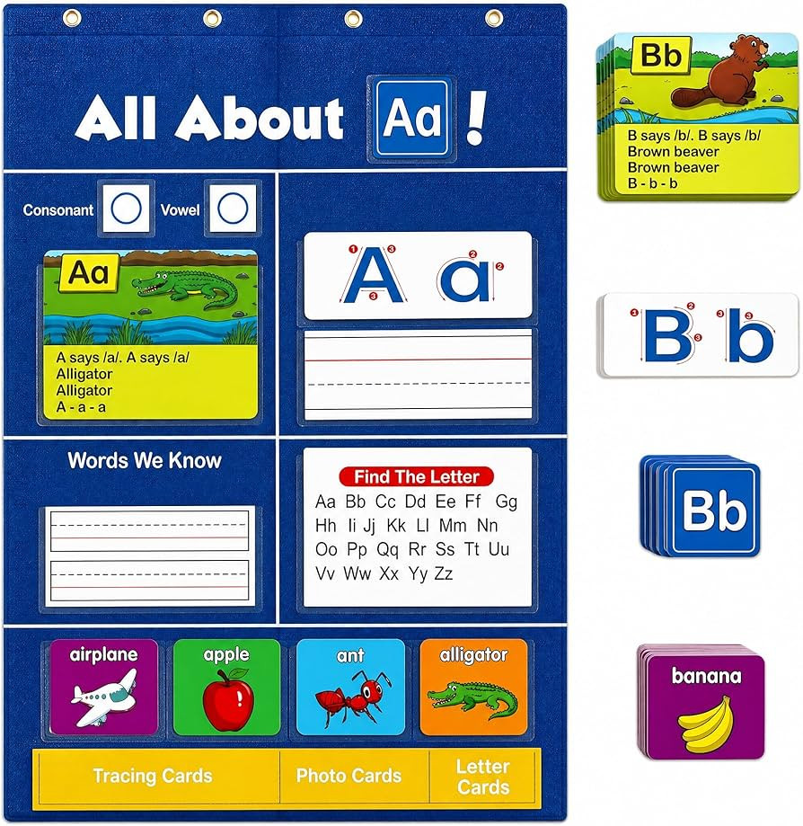 TEPU Alphabet Learning Pocket Chart for Kids, ABC Wall Chart with Flash Cards, Letter Tracing & H... | Amazon (US)