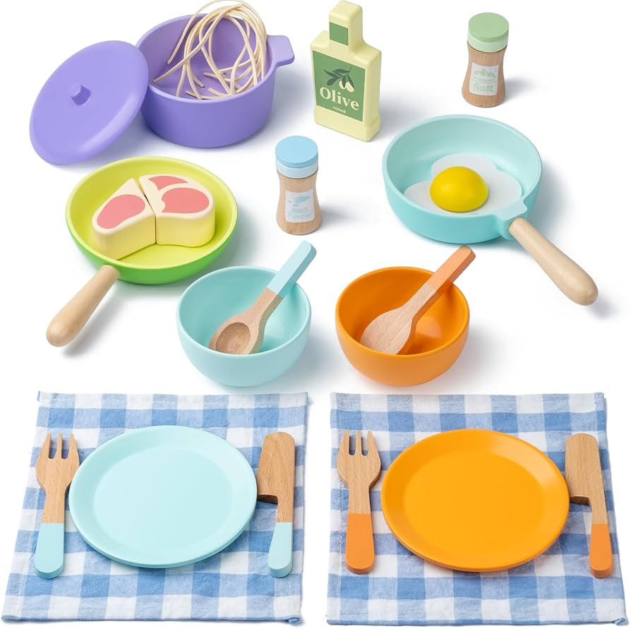Wooden Kitchen Toys for Toddlers, Montessori Pretend Play Kitchen Accessories, Play Food Sets for... | Amazon (US)