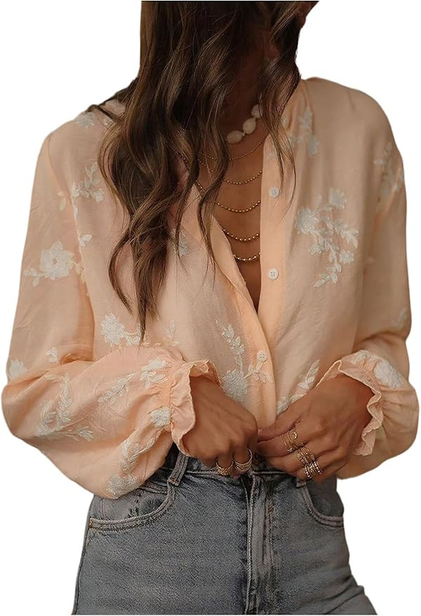 SweatyRocks Women's Floral Blouses Dressy Casual Button Down Shirts Bishop Sleeve Boho Fall Tops | Amazon (US)