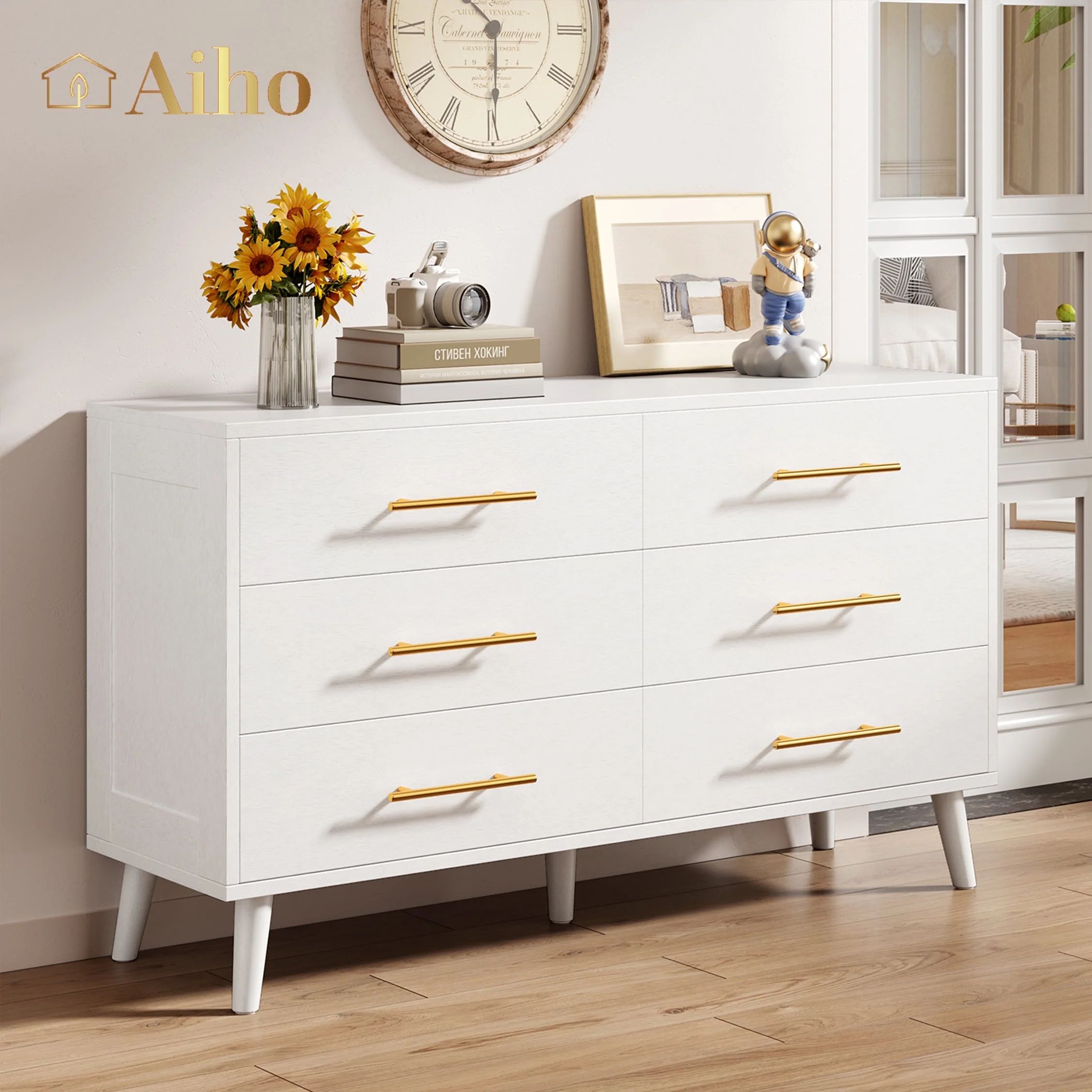 Aiho Modern 6 Drawer Wood Dressers, Wide Chest of Drawers with Gold Handles for Living Room , Whi... | Walmart (US)