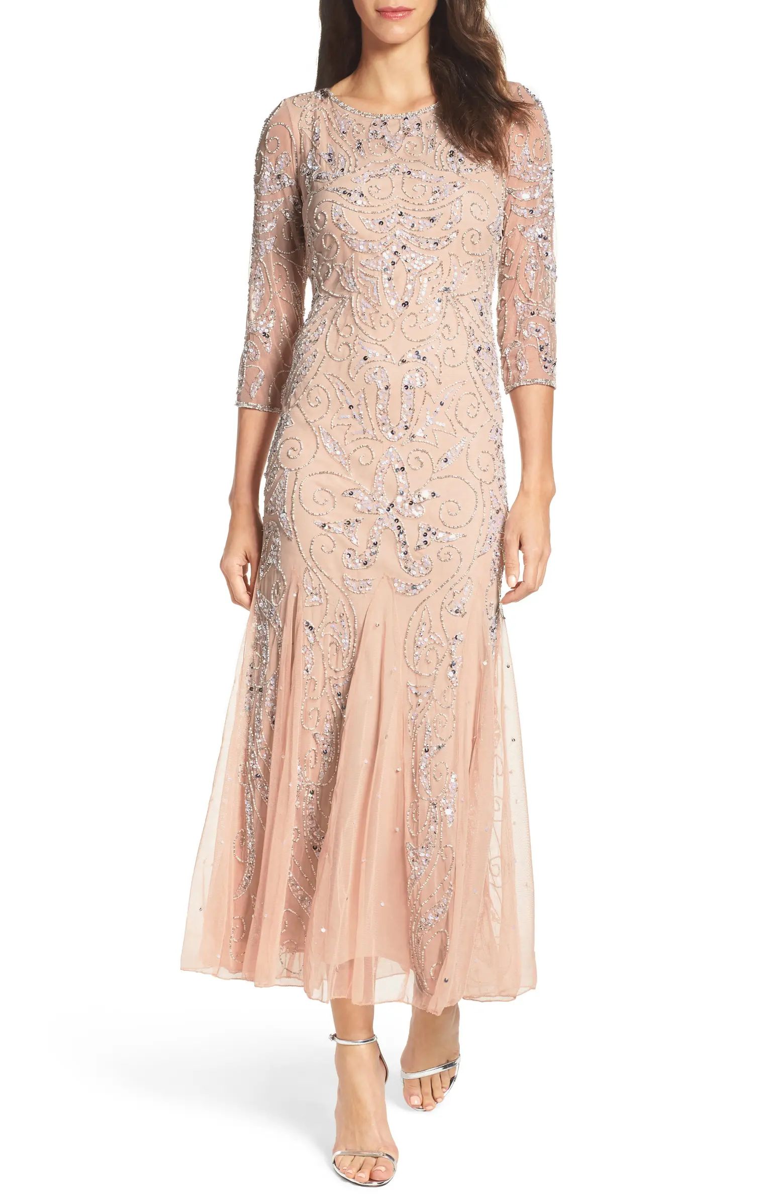 Illusion Sleeve Beaded A-Line Gown | Nordstrom
