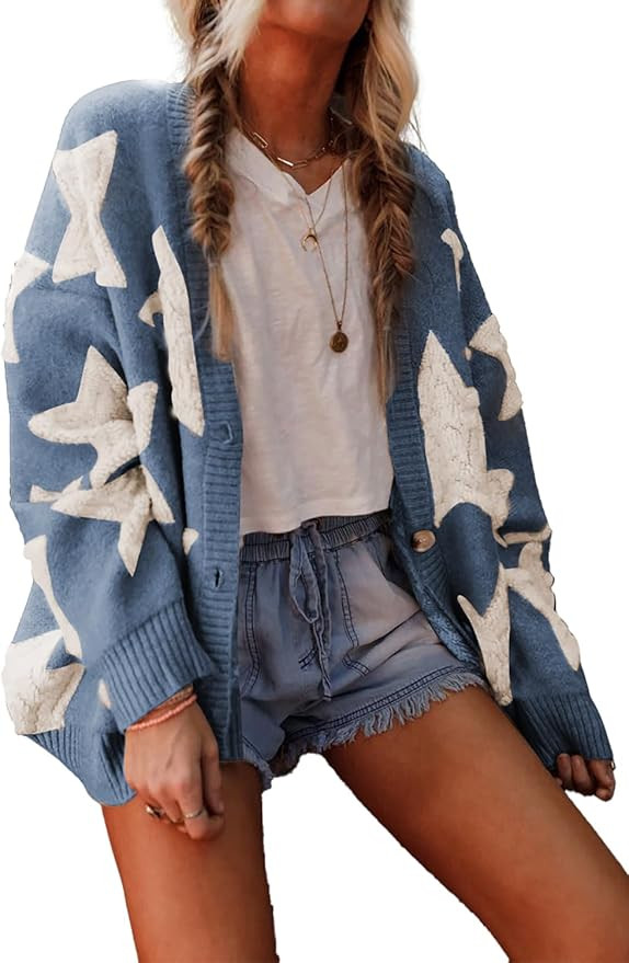 KevaMolly Womens Cardigan Sweater Sherpa Star Pattern Textured Sweater Cardigan with Pockets Casu... | Amazon (US)