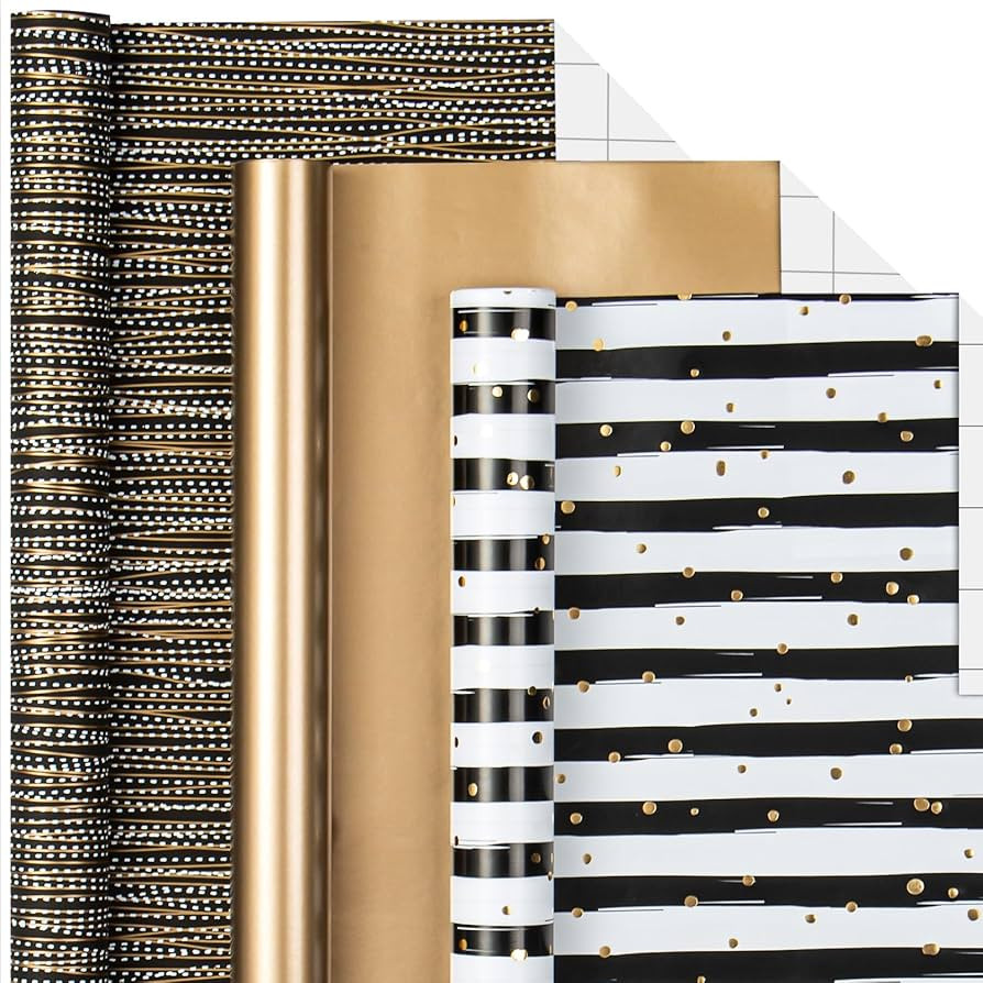 MAYPLUSS Gift Wrapping Paper Roll - 17In x 120In Per Roll - Luxury Black and Gold Stripe Annivers... | Amazon (US)