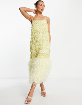 ASOS EDITION pearl embellished cami midi dress with faux feather in lemon | ASOS | ASOS (Global)